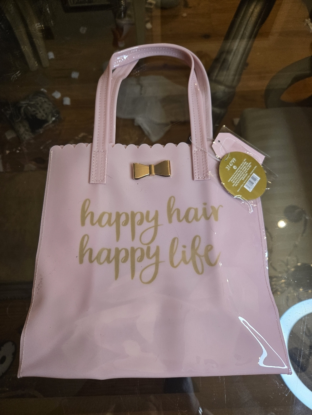 Pink 'Happy Hair Happy Life' Glossy Tote with Gold Bow Accent